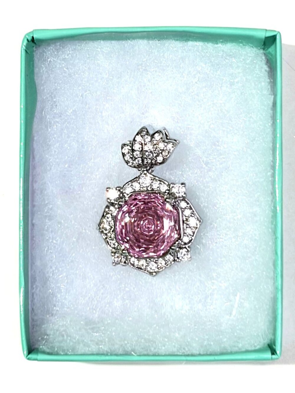 NWOT S925 Silver Moissanite Pink Rose Pendant Necklace